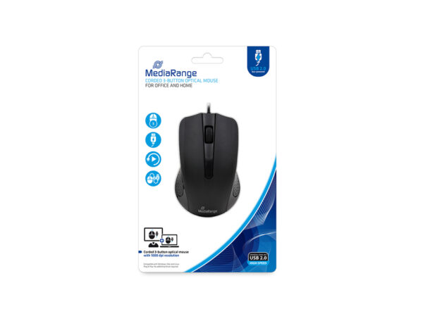 MediaRange Optical Mouse Corded 3-Button (Black, Wired) (MROS210)